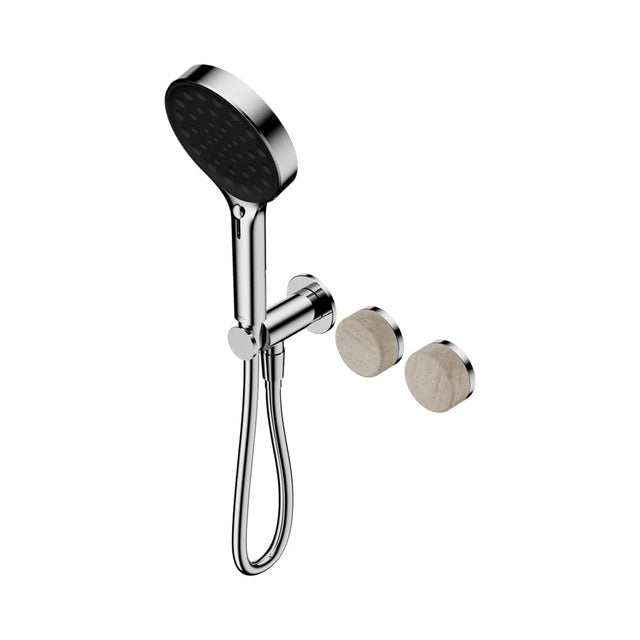 Nero Serenity chrome progressive shower system with Rome travertine handle and hand shower, wall-mounted on white background