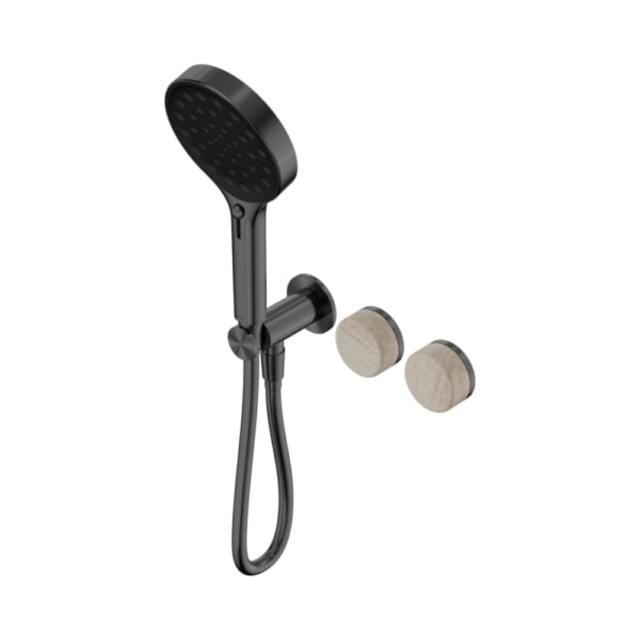 Nero Serenity progressive shower system with gun metal hand shower and Rome travertine handles, wall-mounted in side view
