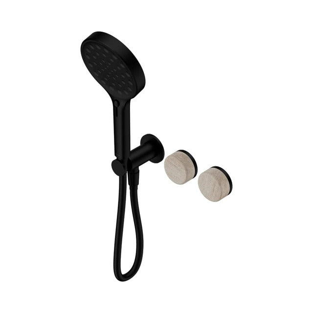 Nero Serenity matte black progressive shower system with Rome travertine handle and hand shower, wall mounted
