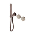 Nero Serenity progressive shower system in brushed bronze with Rome travertine handle and slim hand shower, wall-mounted view