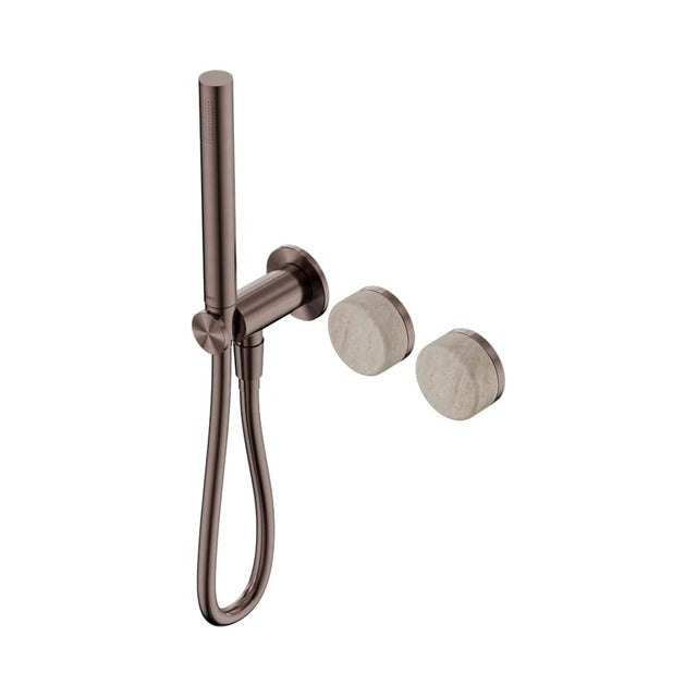 Nero Serenity progressive shower system in brushed bronze with Rome travertine handle and slim hand shower, wall-mounted view