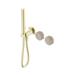 Nero Serenity progressive shower system in brushed gold with Rome travertine handle and slim hand shower, wall mounted[0m