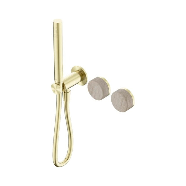 Nero Serenity progressive shower system in brushed gold with Rome travertine handle and slim hand shower, wall mounted[0m