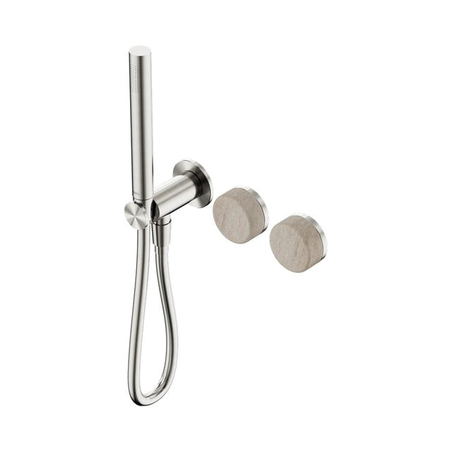 Nero Serenity progressive shower system in brushed nickel with travertine handle and slim hand shower, wall mounted