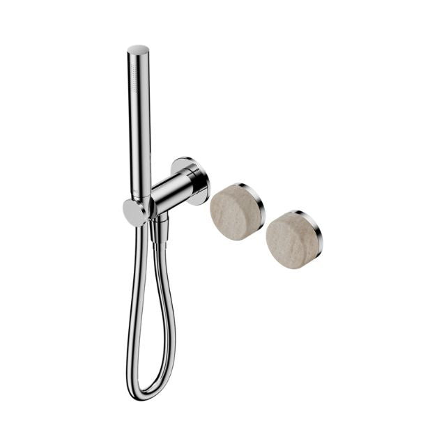 Nero Serenity chrome progressive shower mixer with Rome travertine handles and slim hand shower, wall-mounted