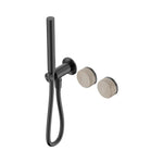Nero Serenity wall-mounted shower mixer in gunmetal with Rome travertine handles and slim hand shower
