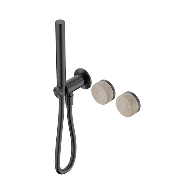 Nero Serenity wall-mounted shower mixer in gunmetal with Rome travertine handles and slim hand shower
