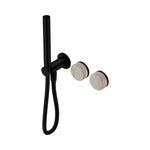 Nero Serenity progressive shower system in matte black with travertine handles and hand shower hose, wall mounted