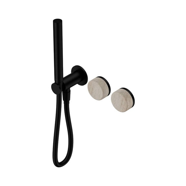 Nero Serenity progressive shower system in matte black with travertine handles and hand shower hose, wall mounted