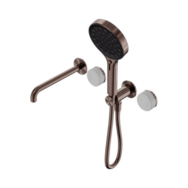 Nero Serenity progressive shower system with spout and hand shower in brushed bronze, with Carrara marble handle