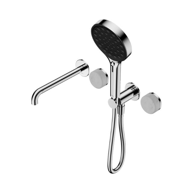 Nero Serenity progressive shower system with spout and hand shower in chrome, shown on white background