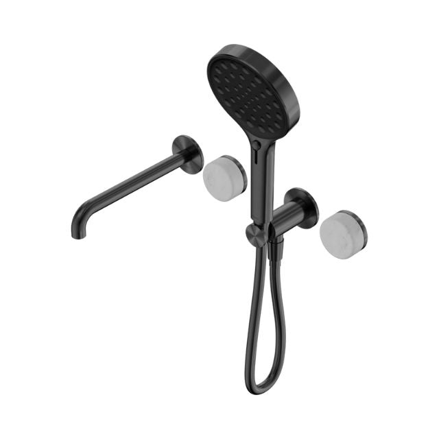 Nero Serenity gun metal progressive shower system with spout, round hand shower and Carrara marble handles
