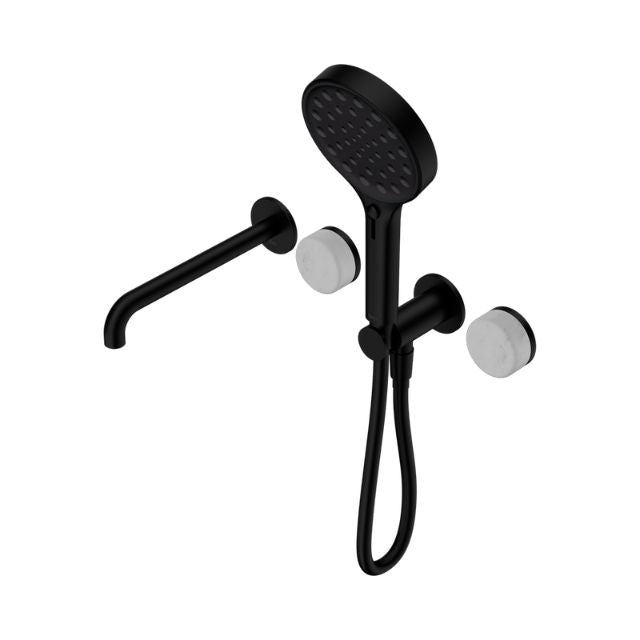 Nero Serenity shower system in matte black with spout, round Carrara handle and hand shower, front view on white background