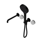 Nero Serenity shower system in matte black with spout, round Carrara handle and hand shower, front view on white background