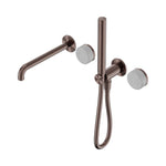 Nero Serenity progressive shower system in brushed bronze with spout, slim hand shower and Carrara marble handles