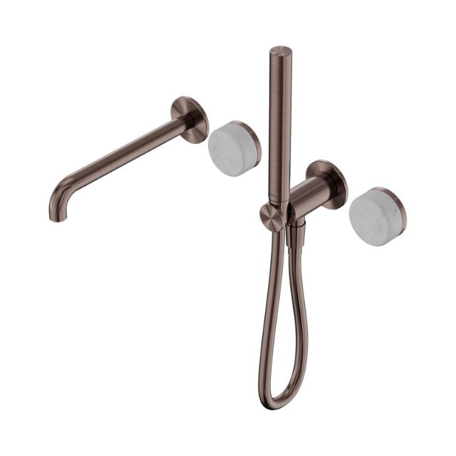 Nero Serenity progressive shower system in brushed bronze with spout, slim hand shower and Carrara marble handles