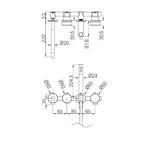 Technical drawing of Nero Serenity progressive shower system with spout, slim hand shower and 85mm fixing centres in brushed gold