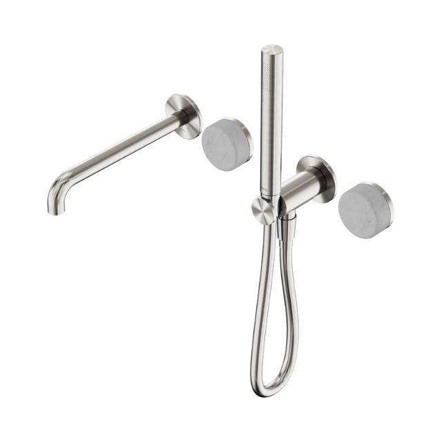 Nero Serenity progressive shower system with spout and hand shower in brushed nickel, wall-mounted with Carrara handles