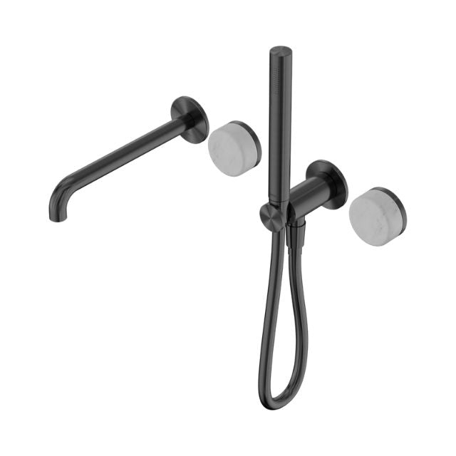 Nero Serenity gun metal progressive shower system with spout and Carrara marble handle, front view