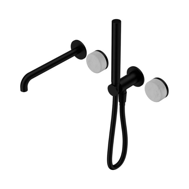 Nero Serenity progressive shower system with spout, slim hand shower and Carrara handle, matte black and round wall plates