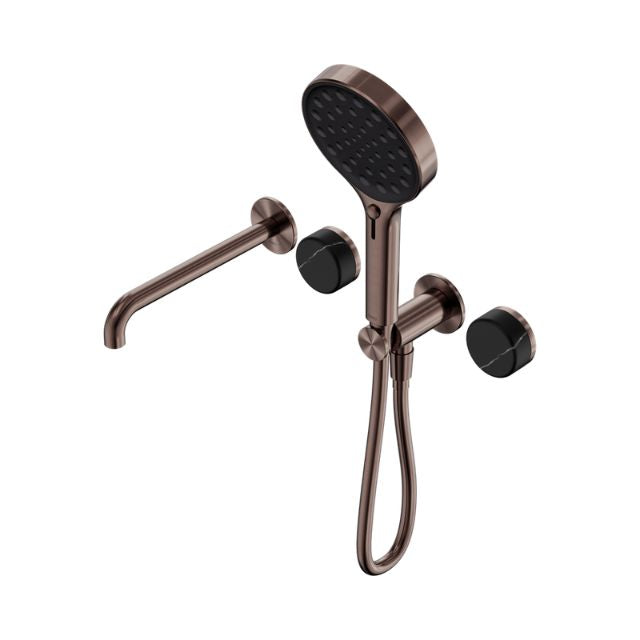 Nero Serenity progressive shower system with spout and hand shower in brushed bronze with black handles, front view on white background