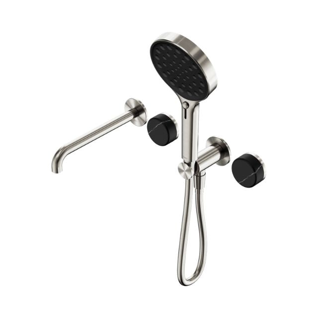 Nero Serenity progressive shower system with spout, hand shower and Marquina black handles in brushed nickel