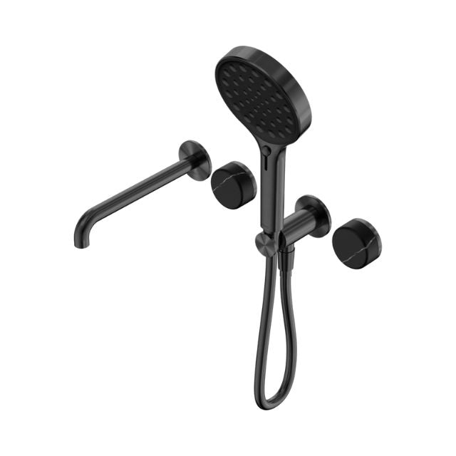 Nero Serenity progressive shower system in gunmetal with spout, round hand shower and marquina black handles, wall-mounted
