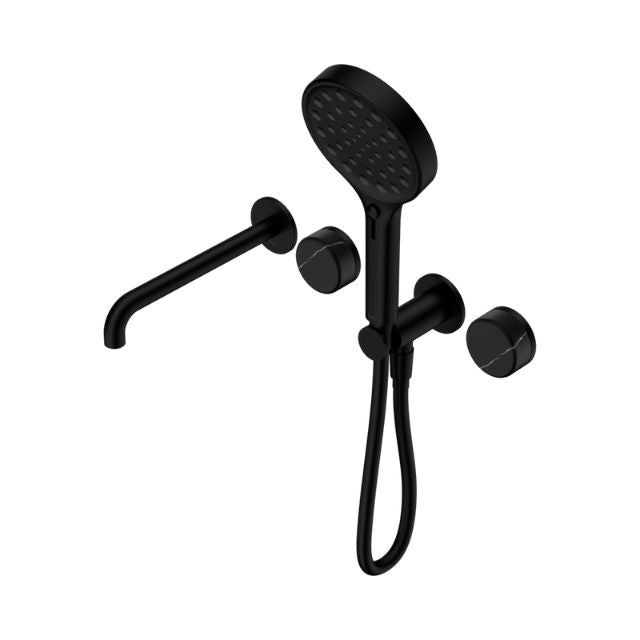 Nero Serenity progressive shower system in matte black with spout, round hand shower and two controls, wall-mounted back view
