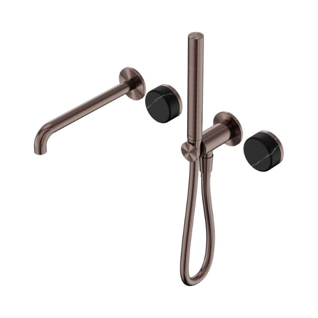 Nero Serenity progressive shower system with spout, brushed bronze finish and black stone handle, front view