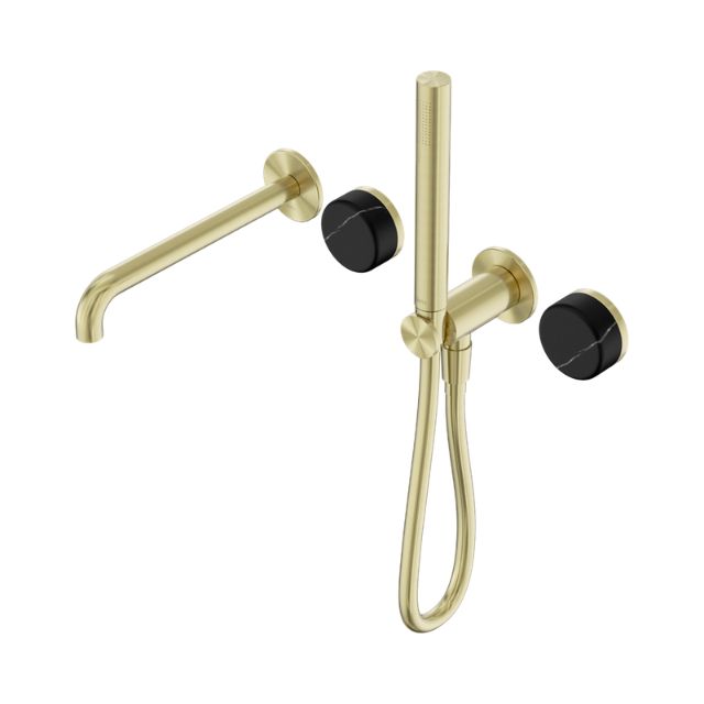 Nero Serenity progressive shower system in brushed gold with black handles, spout and slim hand shower, shown on white background
