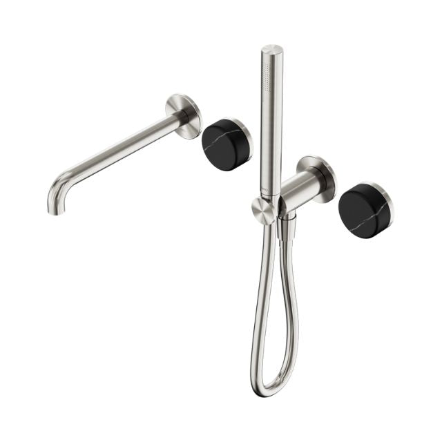 Nero Serenity progressive shower system in brushed nickel with Marquina black handle, spout and slim hand shower