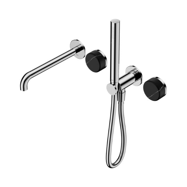 Nero Serenity chrome progressive shower system with spout and Marquina black handle, wall-mounted over-bath tap set