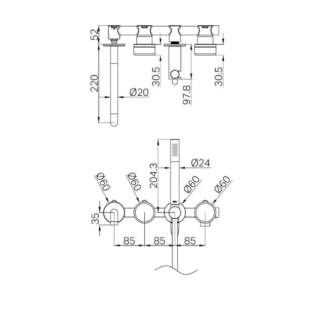Technical drawing of Nero Serenity progressive shower system with spout, hand shower and round 60mm wall plates, showing dimensions and fixing centres