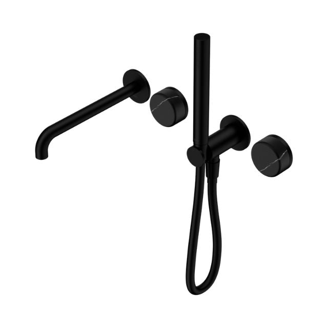 Nero Serenity progressive shower system with spout and slim hand shower, matte black with Marquina black handle and round wall plates