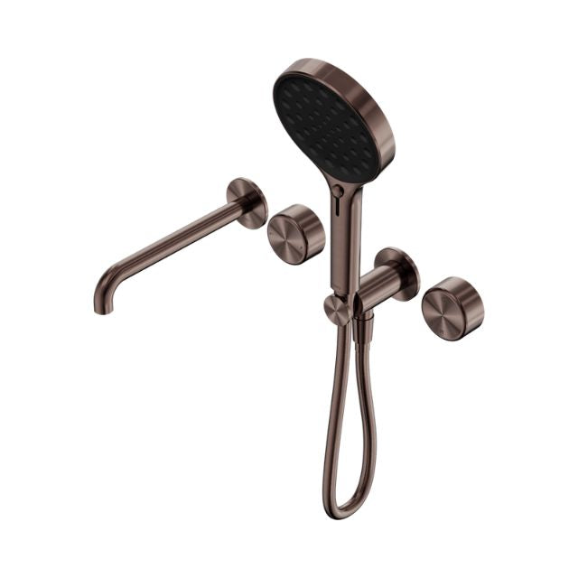 Nero Serenity progressive shower system with spout, metal handle and hand shower in brushed bronze, wall-mounted set