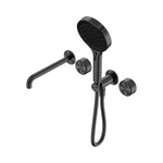Nero Serenity progressive shower system with spout and hand shower in gunmetal, wall-mounted over-bath tap set