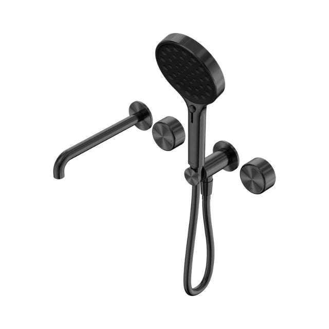 Nero Serenity progressive shower system with spout and hand shower in gunmetal, wall-mounted over-bath tap set