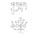 Technical drawing of Nero Serenity progressive shower system with spout, round wall plates and hand shower dimensions in brushed gold finish