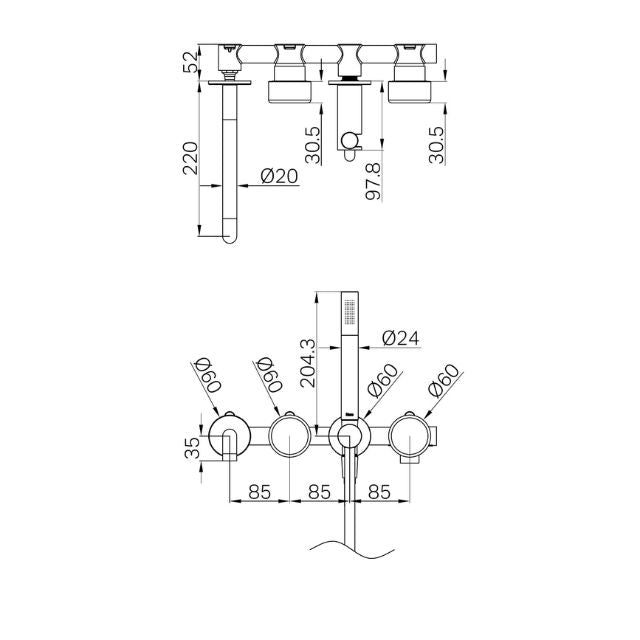 Technical drawing of Nero Serenity progressive shower system with spout, round wall plates and hand shower dimensions in brushed gold finish