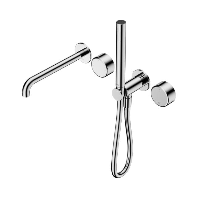 Nero Serenity chrome progressive shower system with spout and slim hand shower, wall-mounted with round controls