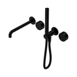 Nero Serenity progressive shower system in matte black with spout, slim hand shower and metal handles, front view