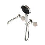 Nero Serenity progressive shower system in chrome with spout, Rome Travertine handle and hand shower