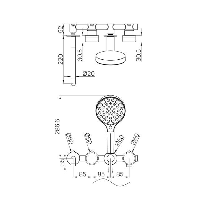 Technical drawing of Nero Serenity progressive shower system with spout, hand shower and chrome round controls, dimensions shown