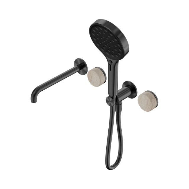 Nero Serenity progressive shower system in gunmetal with Rome travertine handles, spout and hand shower, front view
