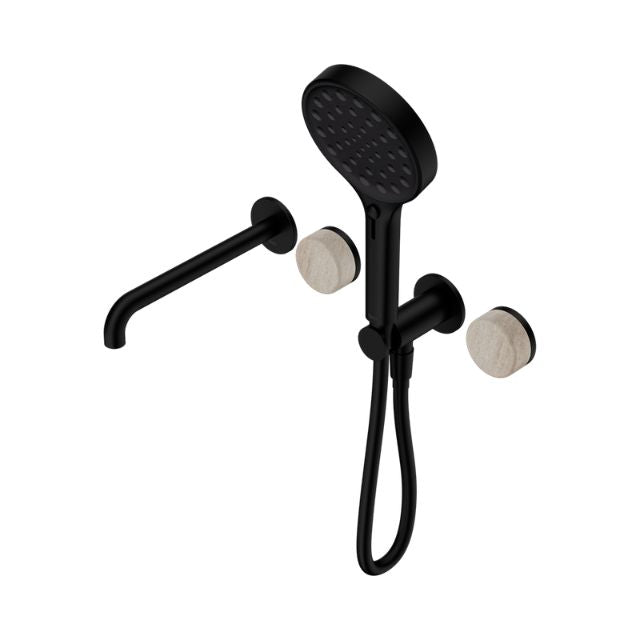 Nero Serenity matte black progressive bath shower system with spout, Rome travertine handles and hand shower