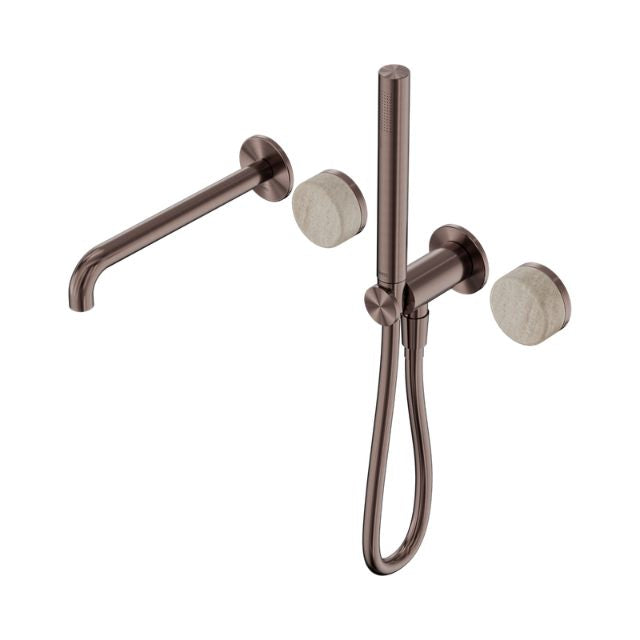 Nero Serenity progressive shower system in brushed bronze with Rome Travertine handles, spout and slim hand shower