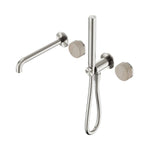 Nero Serenity brushed nickel progressive shower system with spout, Rome travertine handles and slim hand shower