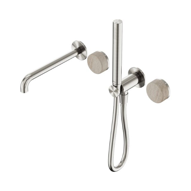 Nero Serenity brushed nickel progressive shower system with spout, Rome travertine handles and slim hand shower