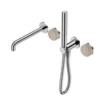 Nero Serenity progressive shower system with spout in chrome, slim hand shower and Rome travertine handles on white background