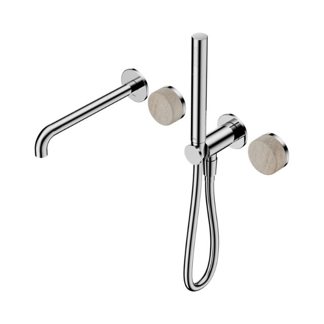 Nero Serenity progressive shower system with spout in chrome, slim hand shower and Rome travertine handles on white background